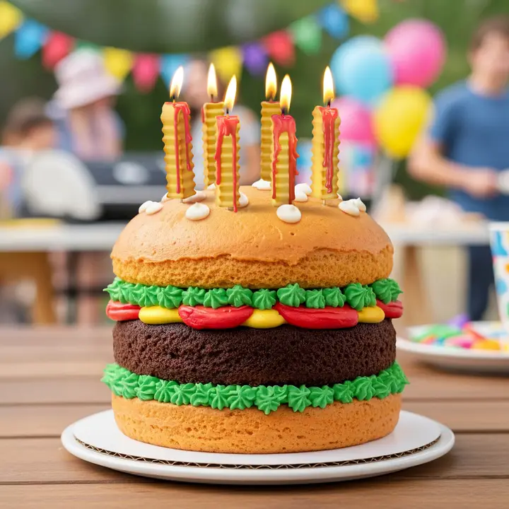 Hamburger-shaped birthday cake with lit candles on a table with blurred partygoers in the background.