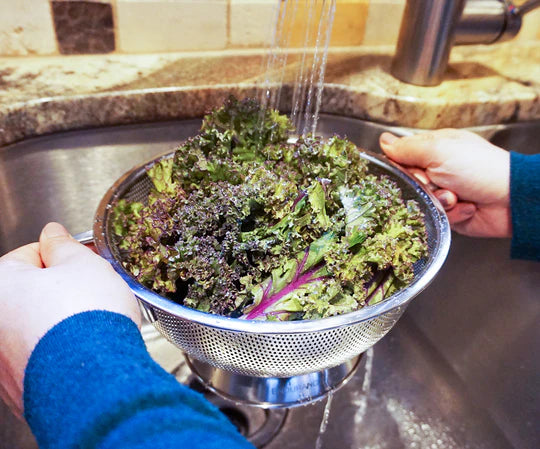 Kale being rinsed in colander