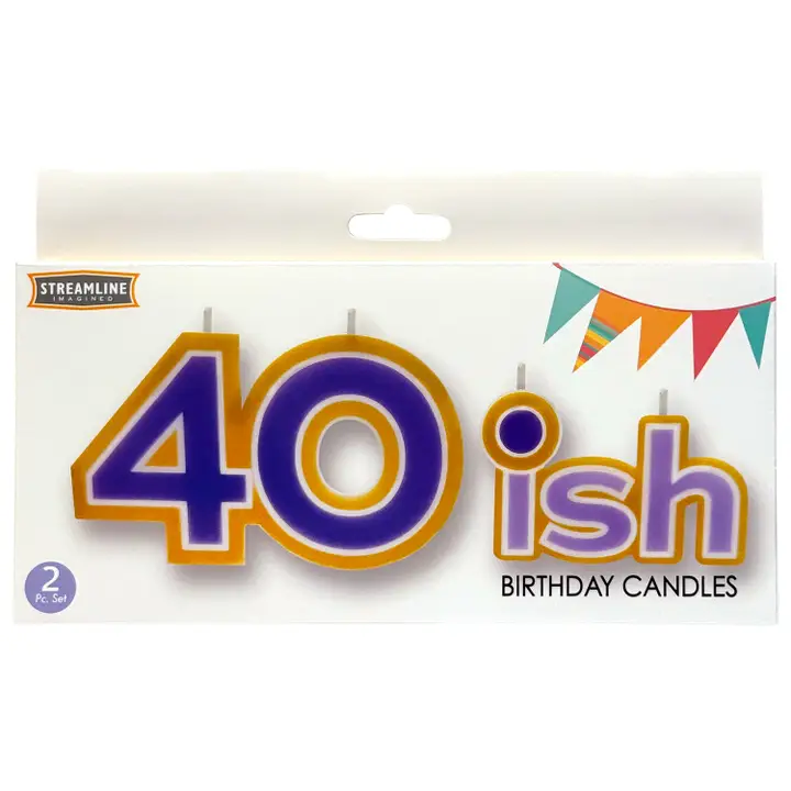 Packaged birthday candles with '40ish' text on a white background