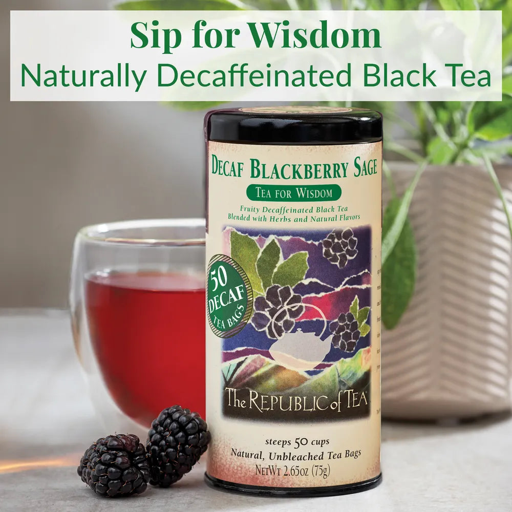 Picture of a can of Republic of Tea Decaf Blackberry Sage Tea Can  with the words Sip for Wisdom Naturally Decaffeinated Black Tea with a plant a cup of tea and blackberries