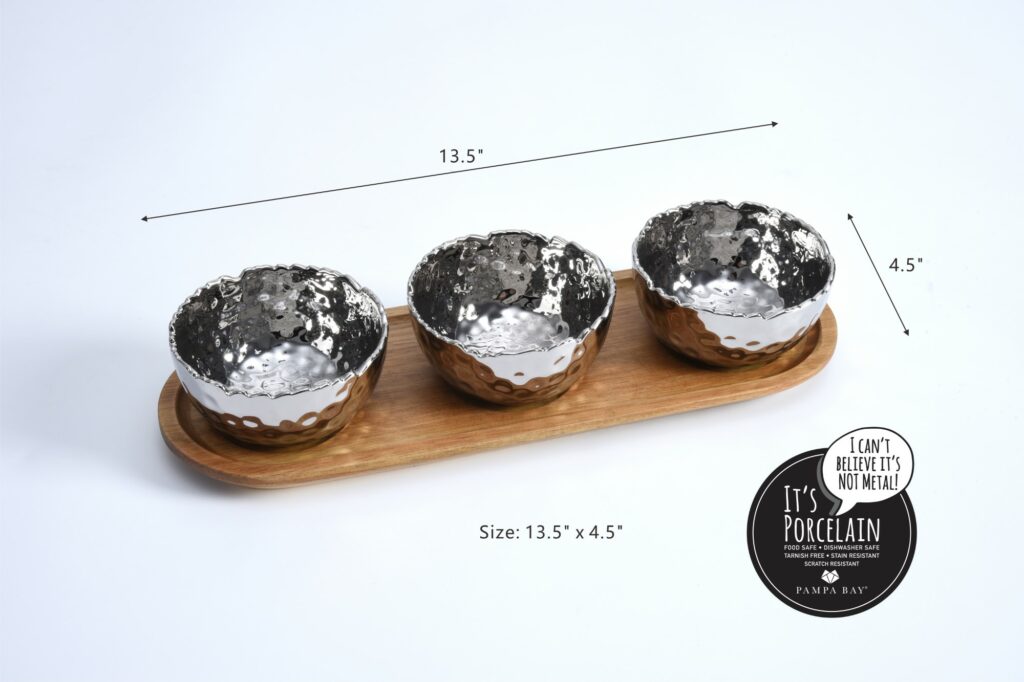 Pampa Bay 4-Piece Entertaining Set of Four Porcelain Bowls on Acacia Board
