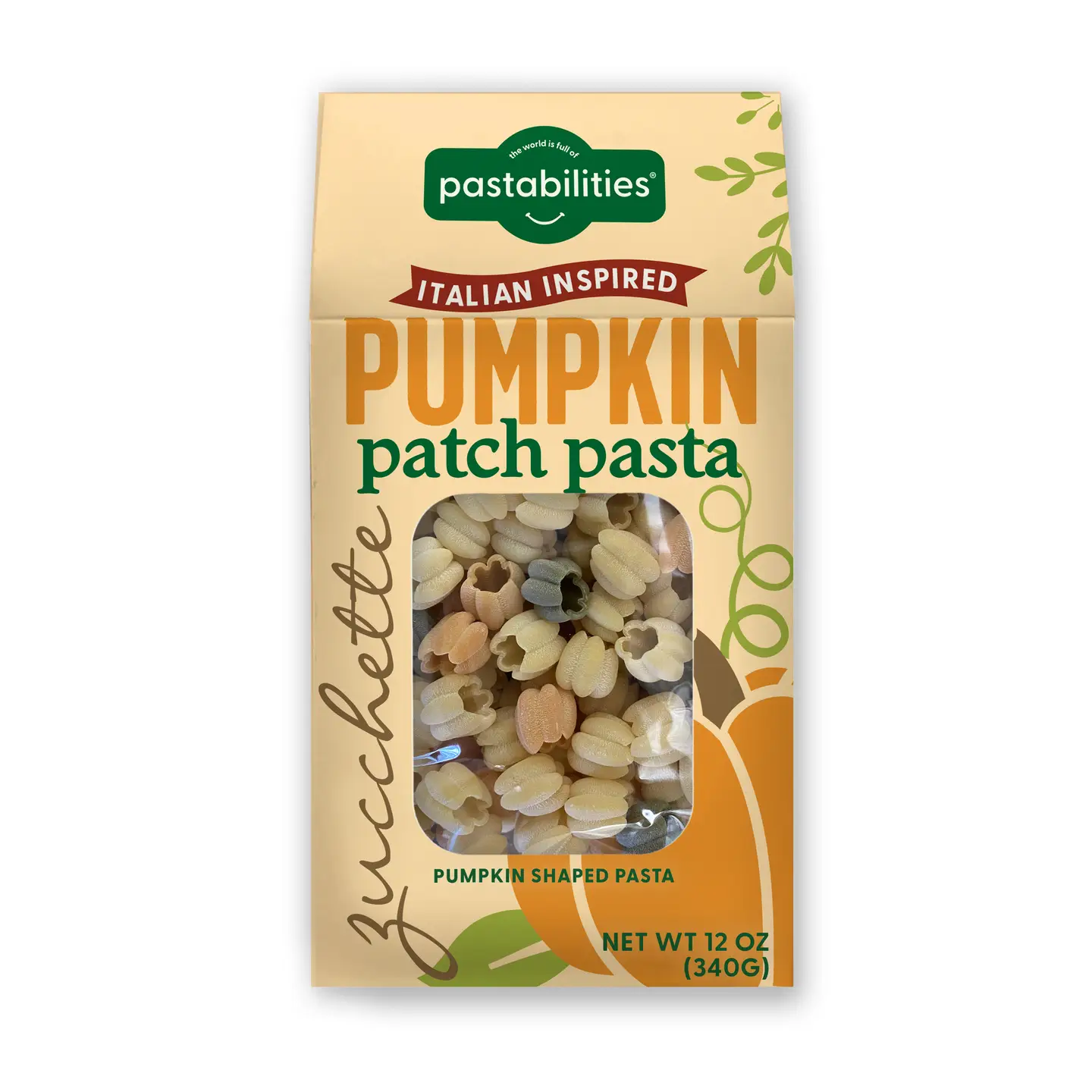 Pumpkin patch pasta in packaging on white background