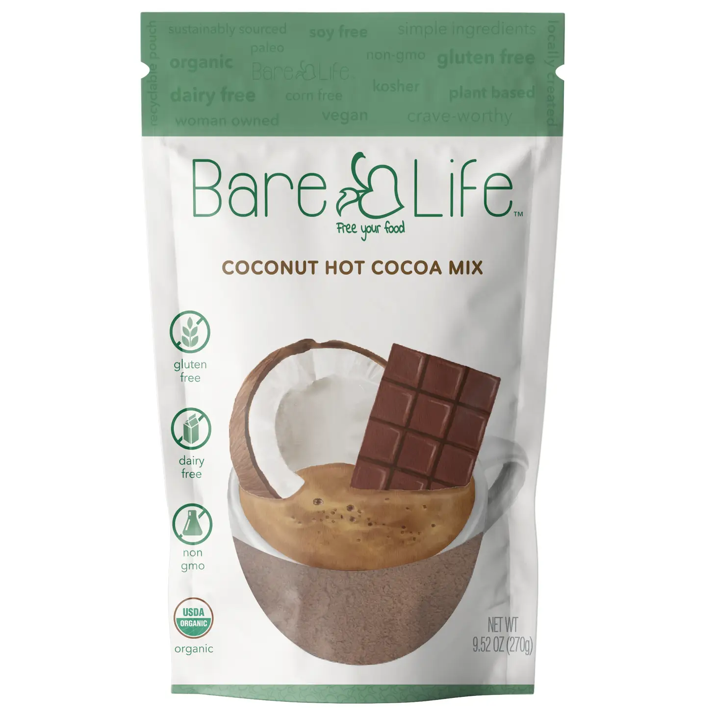 Bare Life Dairy Free & Vegan Coconut Hot Cocoa Mix 10-serving pouch CLR