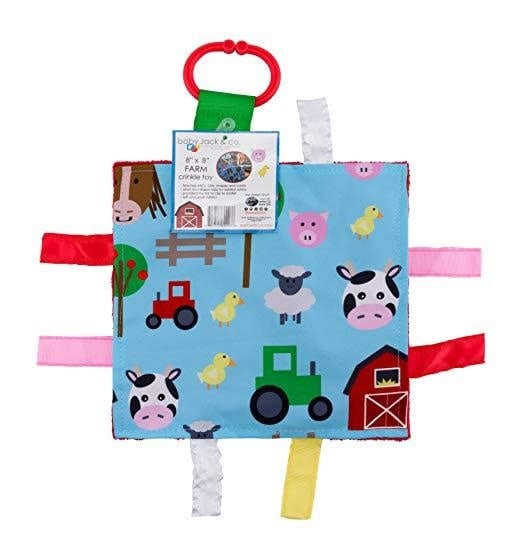 Baby Jack & Co Learning Lovey featuring cows, chicks, tractors, sheep, horse, and barn