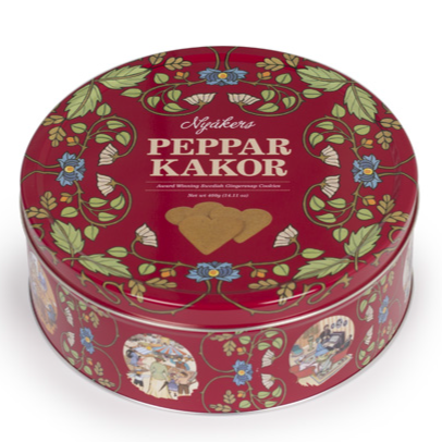 Peppar Kakor Gingerbread Cookies in a beautiful red rosemaling tin