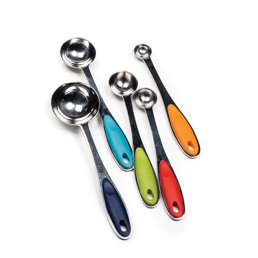 Set of stainless steel measuring spoons with colored handles includes: 1 Tbsp, 1 tsp, 1/2 tsp, 1/4 tsp, and 1/8 tsp