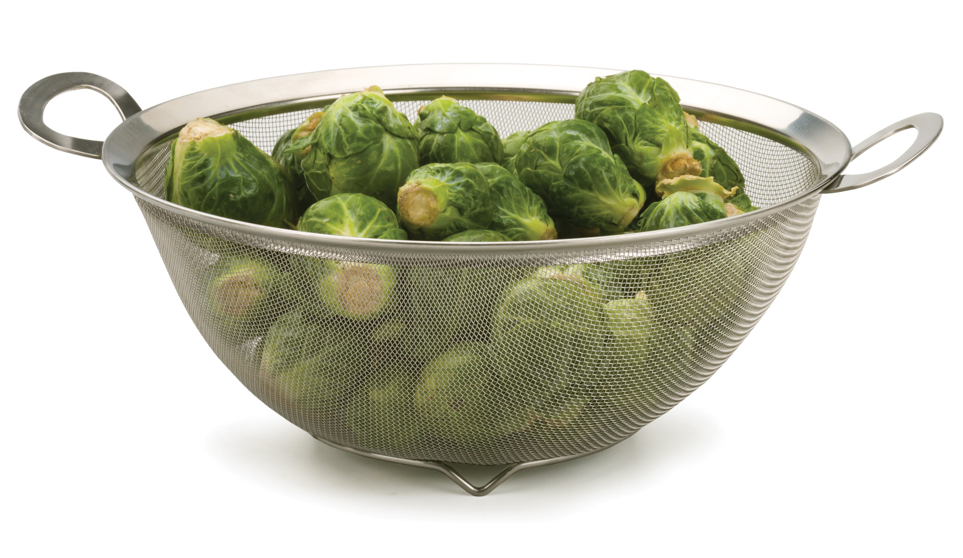 colander and Brussels sprouts