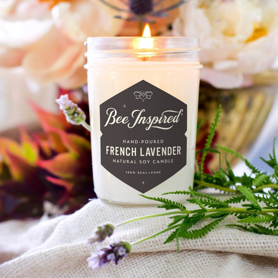 Bee Inspired French Lavender lit candle with sprigs of lavender