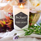 Bee Inspired French Lavender lit candle with sprigs of lavender