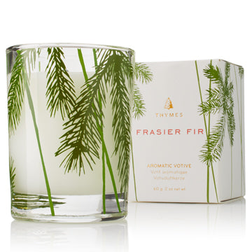 Thymes Frasier Fir Votive Pine Needle Design Candle and packaging