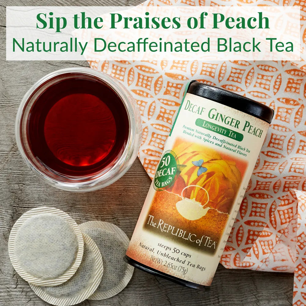 Sip the Praises of Peach Naturally Decaffeinated Black Tea, the can of tea, tea bags, and a cup of tea