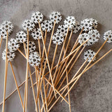 White snowflake decorations on wooden sticks against a gray background