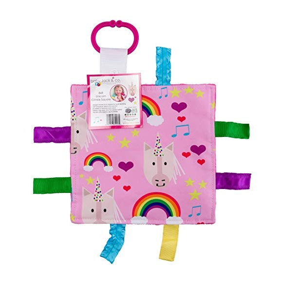 Baby Jack & Co Learning Lovey featuring unicorns, music notes, stars, and rainbowss