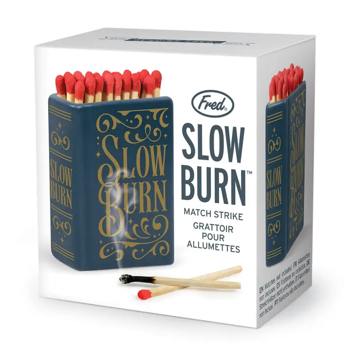 Box of 'Slow Burn' matches with red matches sticking out, on a white background.