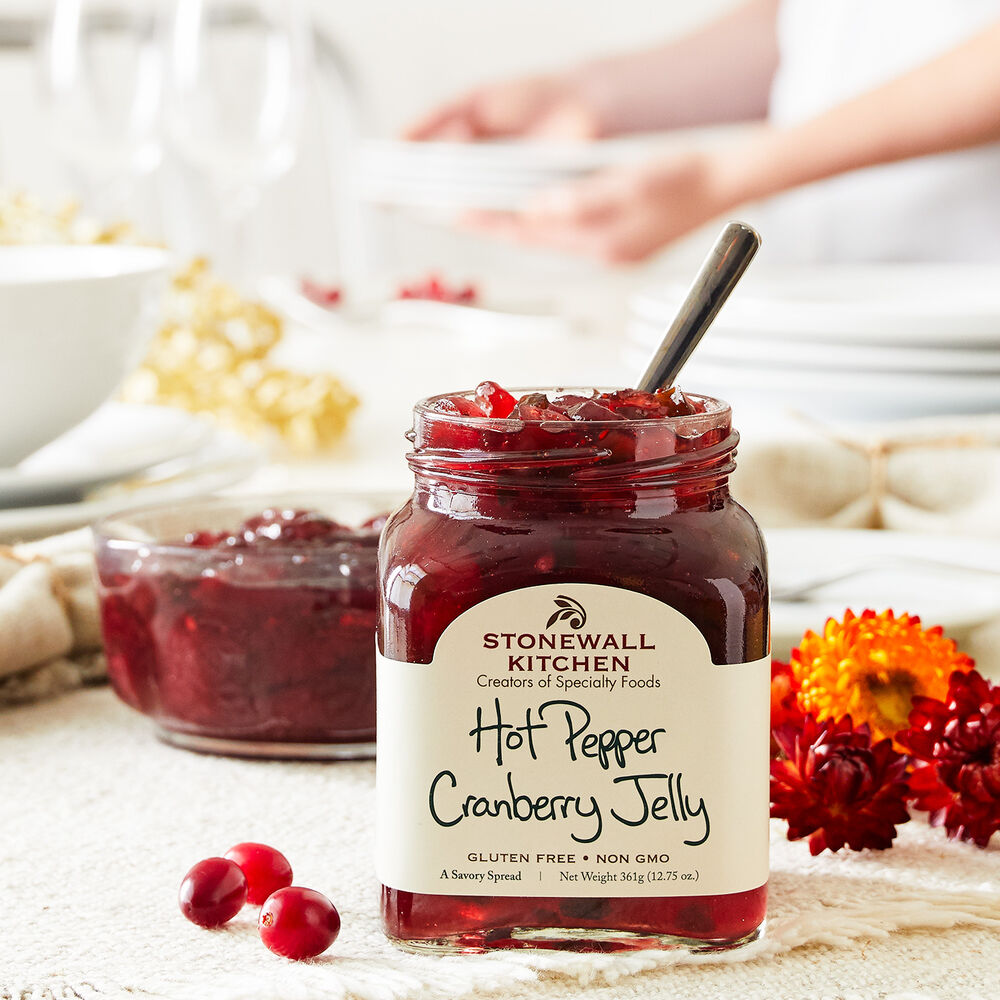 Hot Pepper cranberry Jelly Jar with cranberries and flowers