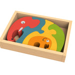 Begin Again Elephant Family Puzzle neatly in the wooden puzzle storage box