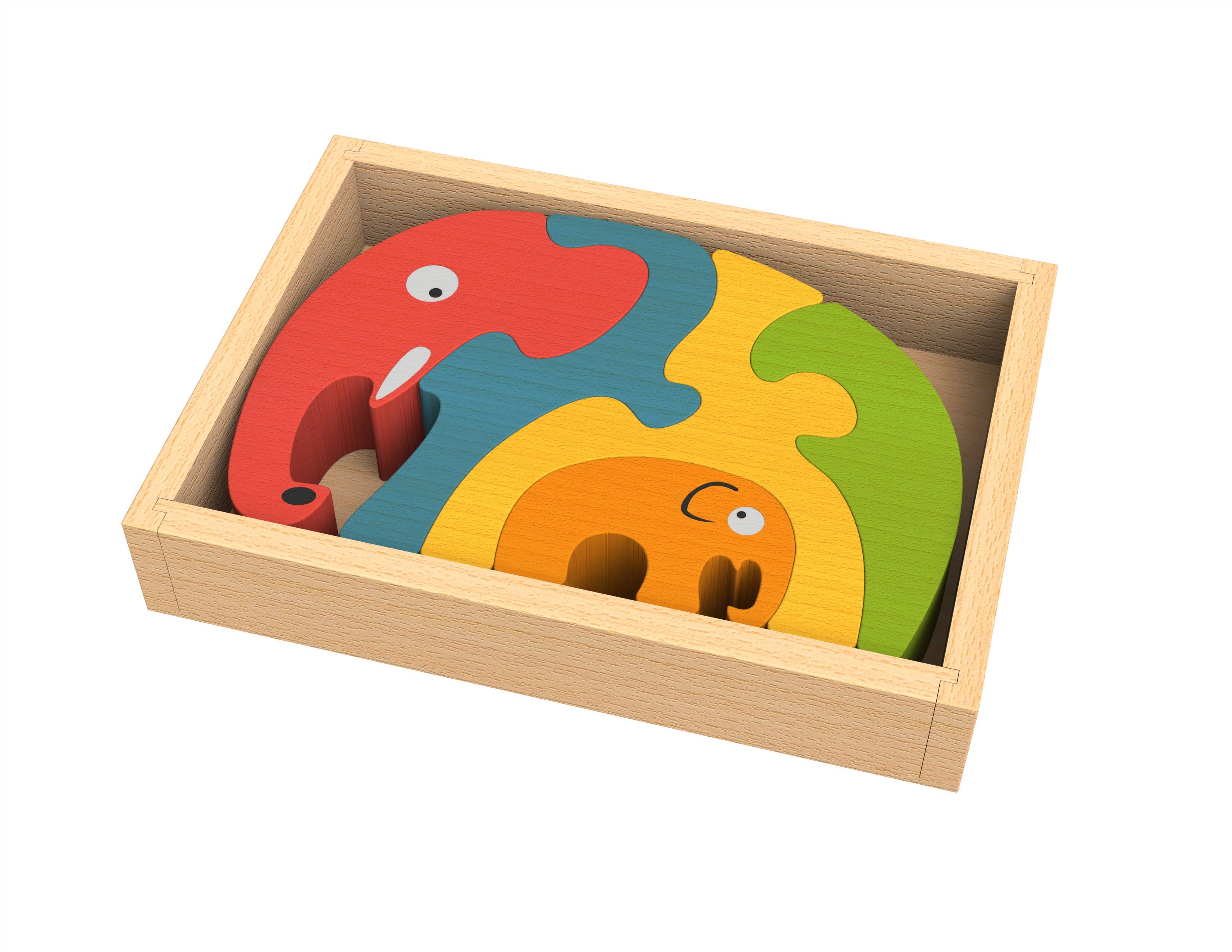 Begin Again Elephant Family Puzzle neatly in the wooden puzzle storage box