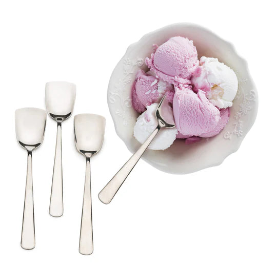 Three ice cream spoons with a  spoon in dish of ice cream