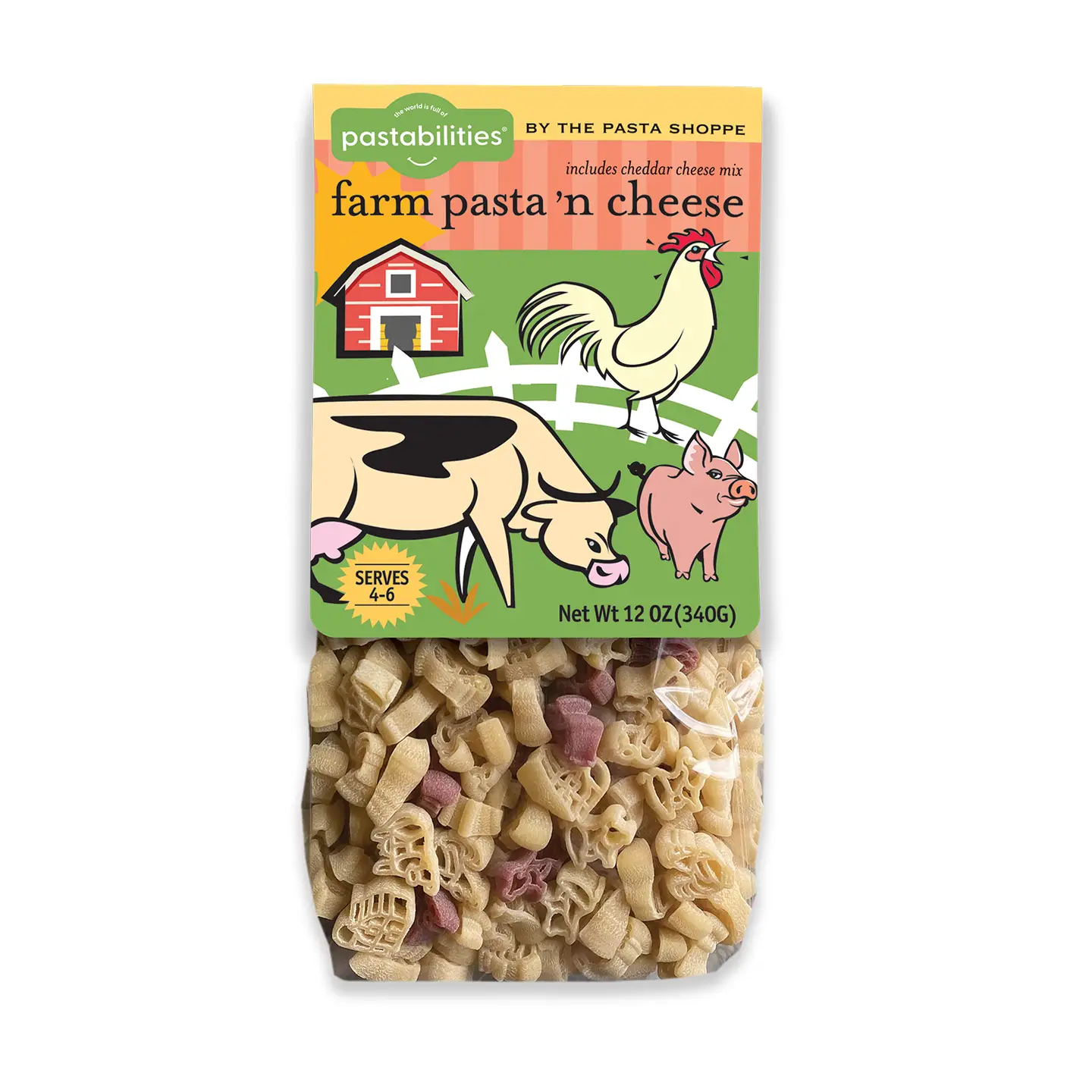 Packaged farm-themed pasta with cartoon animals on a white background