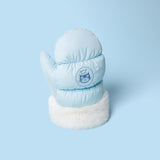 Backside of the blue mitten with the Jellycat on a light blue background