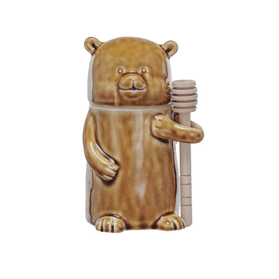 Creative Co-op Stoneware Honey Jar w/Wood Dipper