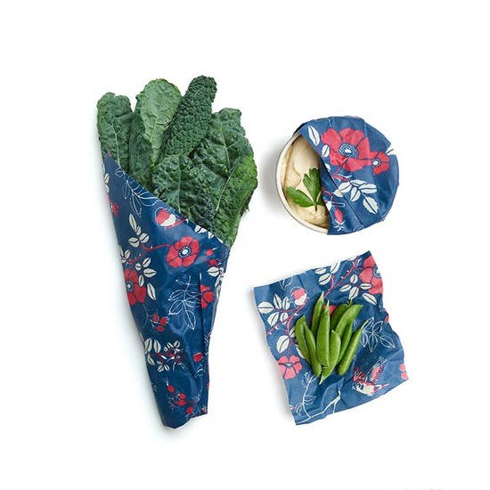 Bees Wrap Assorted 3 Pack (S, M, L) Terra Botanical Print wrapping Letus, a bowl, and peas