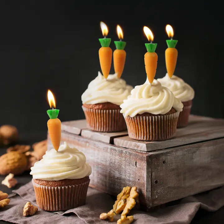 Cupcakes with carrot-shaped candles on a wooden stand against a dark background