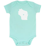 Light Blue onsies with white state of Wisconsin-blue heart in middle of the state.