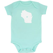 Light Blue onsies with white state of Wisconsin-blue heart in middle of the state.