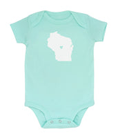 Light Blue onsies with white state of Wisconsin-blue heart in middle of the state.