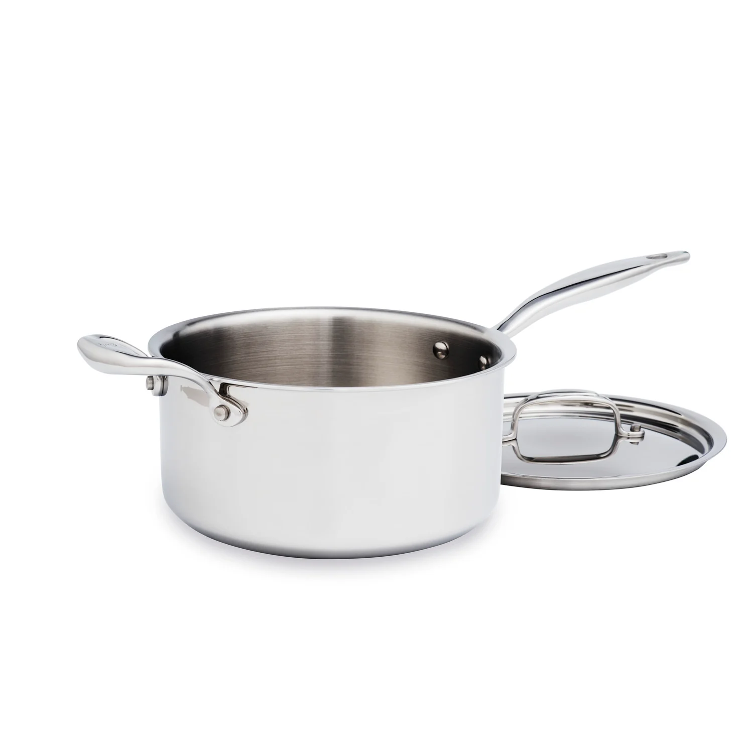 Stainless steel pot with lid on a white background
