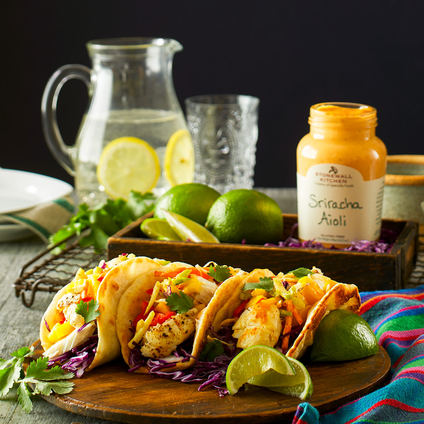 Jar of Stonewall Kitchen Sriracha Aioli with Tacos