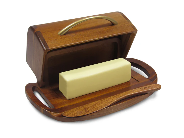 Butterie Butter Dish, Acacia Wood Satin Brass Handle