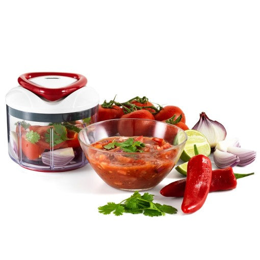 Zyliss Easy Pull Food Processor with ingredients to make salsa and the salsa