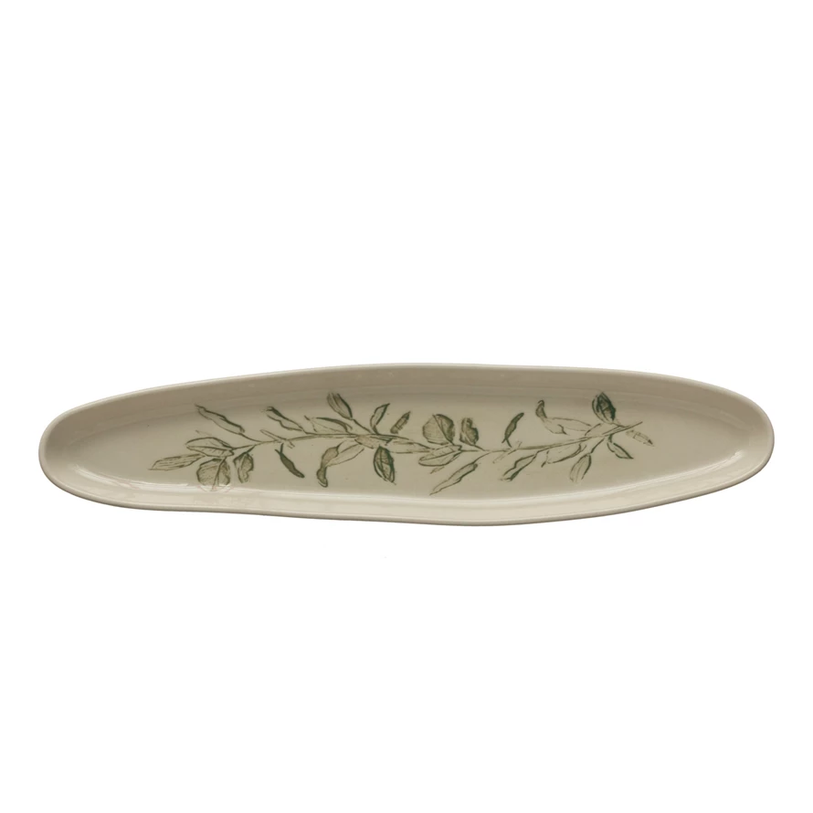 Creative Co-op Debossed Oval Stoneware Tray Botanical