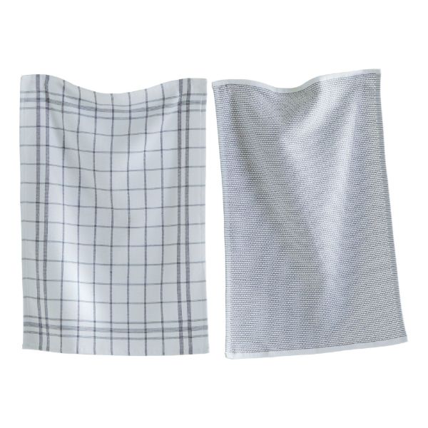 One larger checked grey and white towel, one grey towel