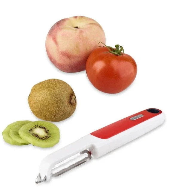 Zyliss Smooth Glide Peeler -soft skin peeler with tomato, apple, kiwi and kiwi slices