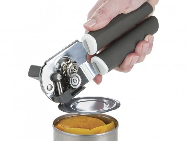 Progressive PL8 Can Opener opening a can of peaches