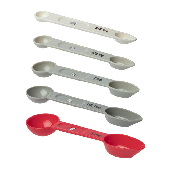  5-Piece Magnetic Measuring Spoon set includes ¼ tsp, ½ tsp, 1 tsp, ½ Tbsp, and 1 Tbsp-separated view