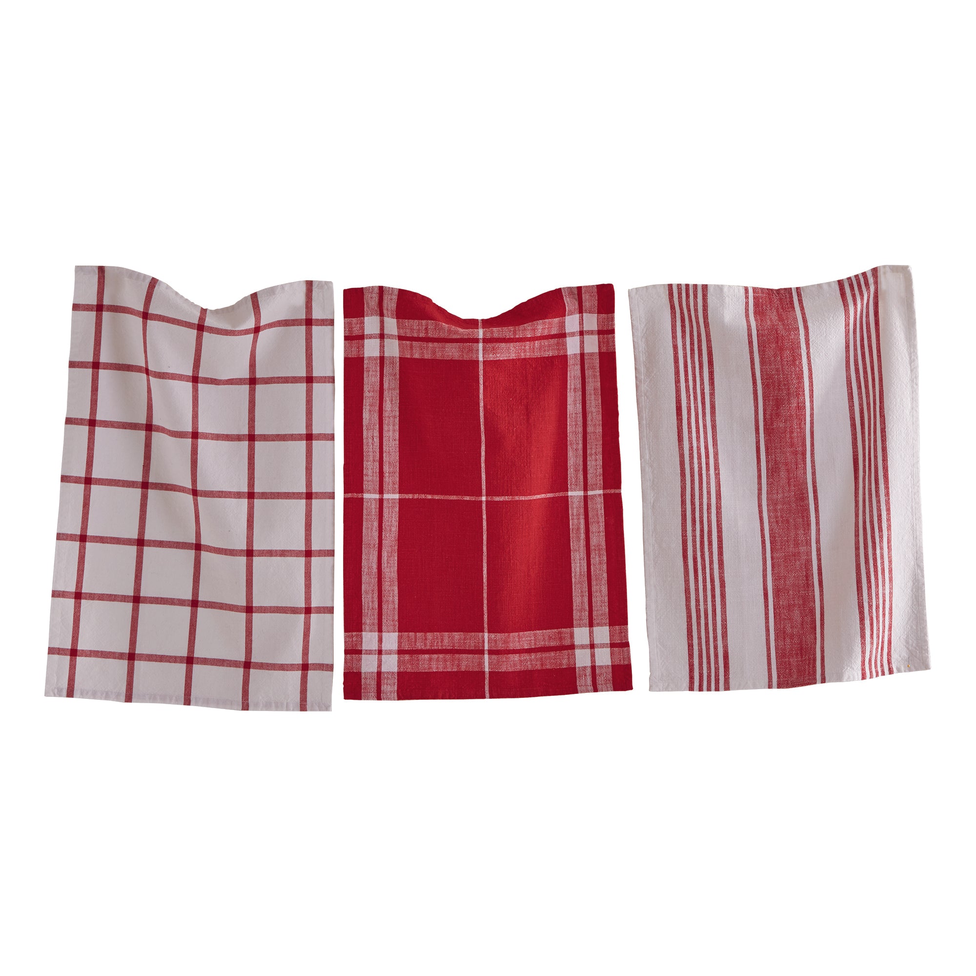 One Red and white stripe, one red and white checkered, and one red and white plaid check