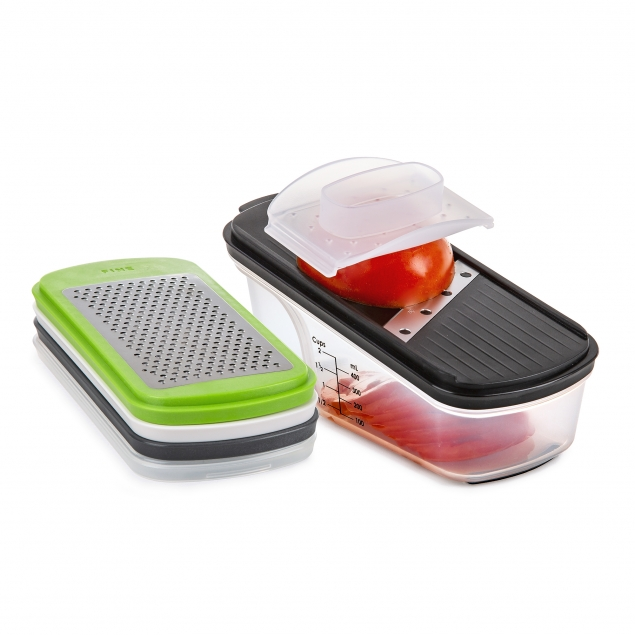 Progressive 7 pc Grate & Slice & Store Set-view of tomato being sliced