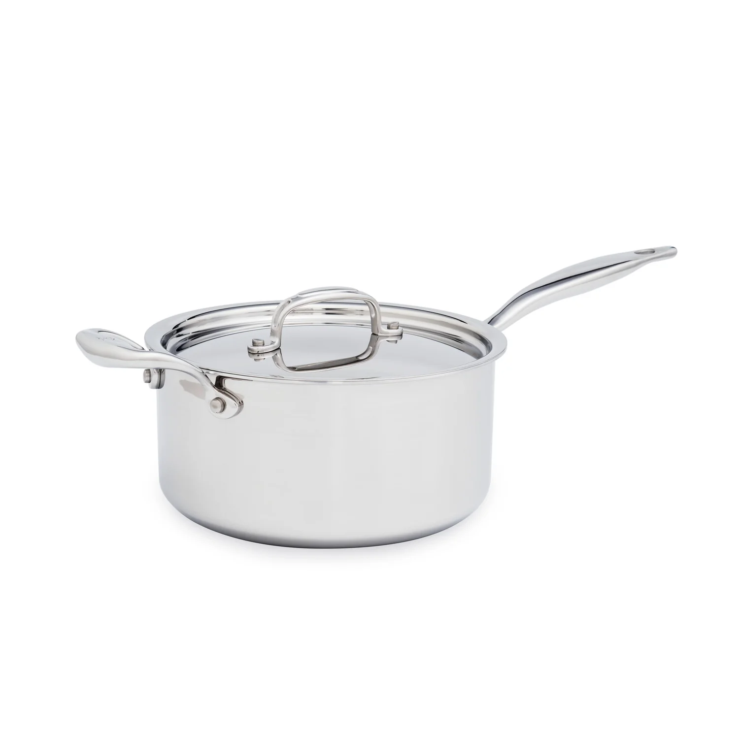 Stainless steel saucepan with lid on a white background