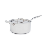 Stainless steel saucepan with lid on a white background
