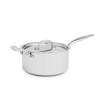 Stainless steel saucepan with lid on a white background