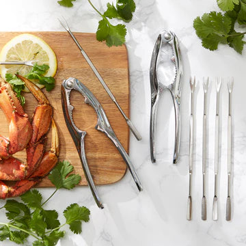 Seafood set on cutting board with seafood