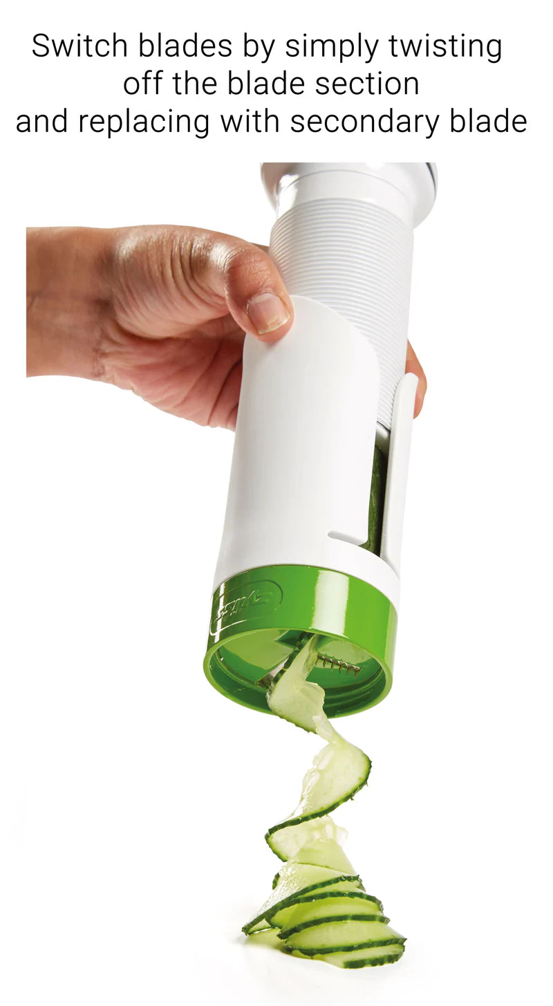 Zyliss Spiralizer with cucumbers spiraling out.  Caption reads "Switch blades by simply twisting off the blade section and replacing with secondary blade."