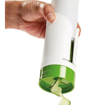 Zyliss Spiralizer with cucumbers spiraling out.  Caption reads "Switch blades by simply twisting off the blade section and replacing with secondary blade."