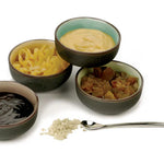 RSVP Tiny Salt Spoon with condiments in bowl and salt grains