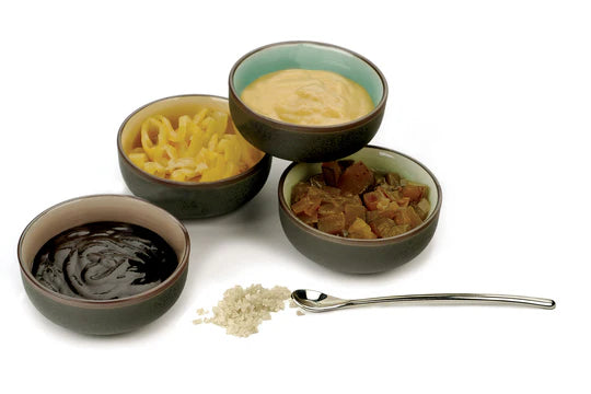 RSVP Tiny Salt Spoon with condiments in bowl and salt grains