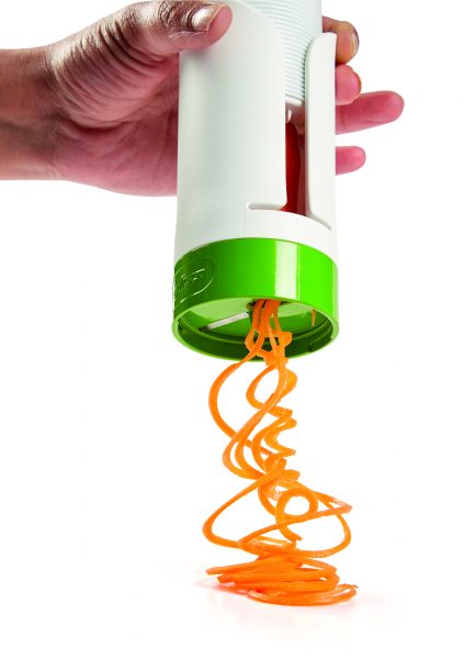 Zyliss Vegetable Spiralizer with spiralized carrots  cascading down